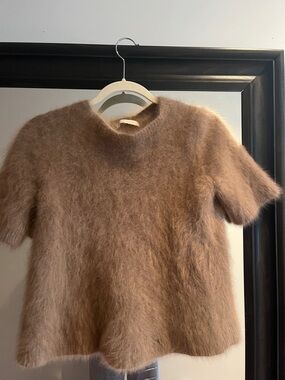 Women's Short-Sleeve Fuzzy Crewneck Sweater in Camel